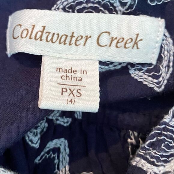 Coldwater Creek Long Sleeve Blouse Navy w/ White Floral Embroidery Petite XS 4P - Picture 4 of 4